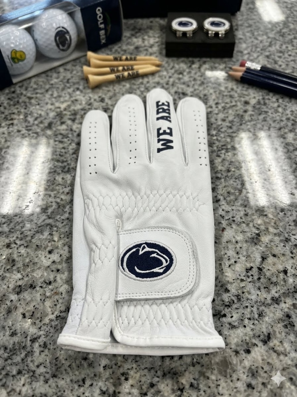 White Golf Glove with Penn State Leather Golf Glove by kick ass golf gear